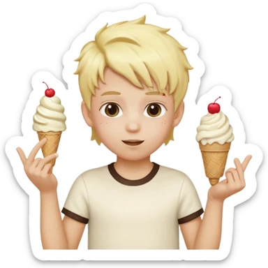 A kid with blonde icecream hair with two hands that are doing this 🫴 and flipped on the other side then have this emoji on the left hand 6️⃣ and this emoji in the other hand7️⃣ sticker