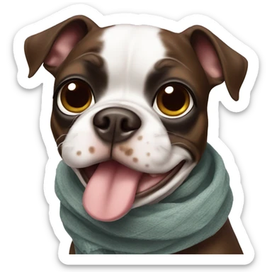 A brown spotted Boston terrier wearing scarf sticker
