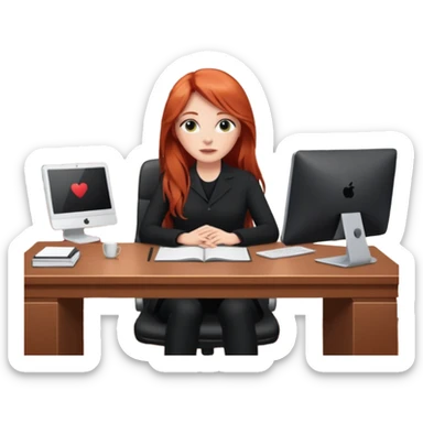Video call therapy session: red-haired therapist with long hair wearing black minimalist clothing, seated in a professional home office, looking at the webcam; calm, modern teletherapy setting sticker