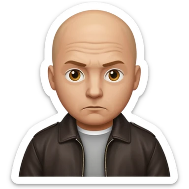Bald Russian 1990s gangster emoji, leather jacket, , serious face with a bat sticker