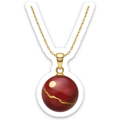 A polished round ball wine jasper pendant suspended from a delicate gold chain, like a drop of enchanted starlight, glowing with the warmth of passion and the quiet power of transformation sticker