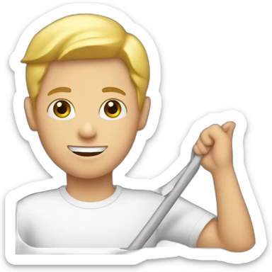 white kid holding a rake sticker