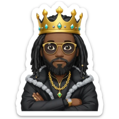 African American man with shoulder length black dreadlocks with black beard wearing  dark black sunglasses with a black bubble winter coat wearing a crown with arms folded sticker
