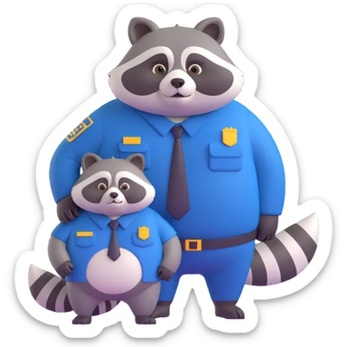 Add a friendly pet raccoon beside the fat federal agent in 3D cartoon style with transparent background. sticker