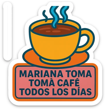 Make the coffee cup much larger while keeping the phrase 'mariana toma café todos los días' in vibrant sticker style with transparent background. sticker