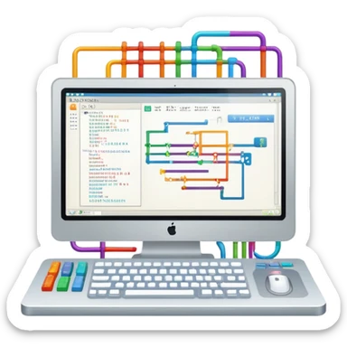 An icon featuring a colorful lines of code, brackets, and a blinking cursor, symbolizing programming. The design includes flowcharts, gear icons, and binary code, representing software development and logical problem-solving. Transparent background highlights the world of coding. sticker