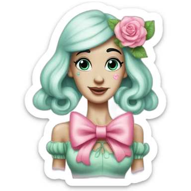 Squidward from SpongeBob SquarePants cartoon wearing cute girly makeup with bows and pink roses sticker