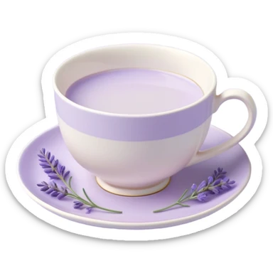 White teacup on a pastel purple plate, lavender flowers on the side, pastelcore aesthetic sticker