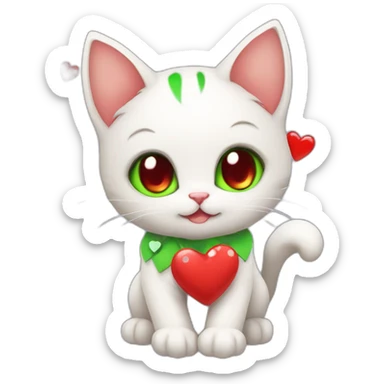 Super cute kitten with green anime eyes holding red hearts sticker