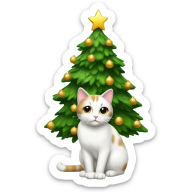 Christmas tree with white cat with brown spots underneath  sticker