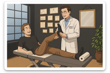 su questo lettino rappresenta un webtoon manga a colori con questo stile, in cui un uomo è steso sul lettino medico e il kinesiologo con il camice bianco (fagli anche la scritta "ANTONIO ANANIA" SUL CAMICE, gli solleva una gamba per fargli il test neuromuscolare, IL KINESIOLOGO SPIEGA ALL'UOMO UNA cosa mentre gli alza la gamba. l'espressione dell'uomo è felice e soddisfatta, non fare i fumetti però, fai solo in modo che sembri stiano parlando sticker