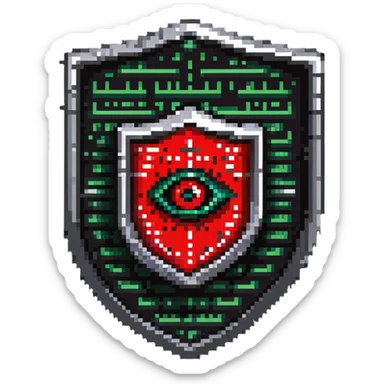Shield badge with binary code pattern and a red warning eye symbol, cybersecurity expert sticker