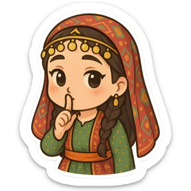 Kurdish man or woman in jamadani, cartoon style, making a 'shh' gesture with finger on lips, no text sticker