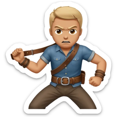 a angry man to the side slanging back and forth a belt sticker