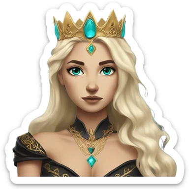 Aelin has white or golden blonde hair, turquoise eyes with a gold ring around the pupil, and tattoos and scars. Wearing a black and gold gown with a crown made of fire sticker