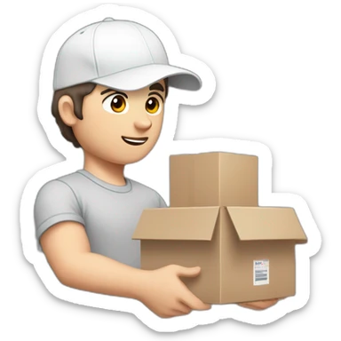 Pale skinned fit Man with dark brown hair in a white cap, gray jeans and gray polo T-shirt keeping a pasted with tape box into his hands sticker