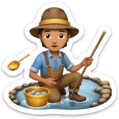 create a gold miner panning for gold near a stream sticker