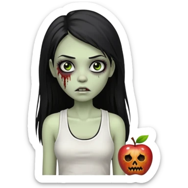 девушка зомби с темными длинными прямыми волосами, с черными макияжем глаз, тонкими бровями в стиле Apple avatar, оделся в белую майку sticker