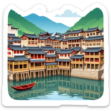 Fenghuang Ancient Town with wooden stilt houses by river, simplified emoji style with bold outlines and bright colors, cartoon style traditional Chinese buildings sticker