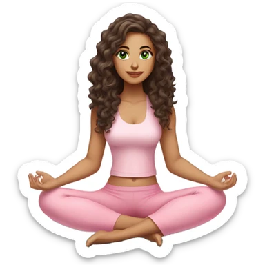 Dark brown long curly hair and green eyes yoga beautiful young woman in light pink pink pink clothes sitting on a yoga mat sticker