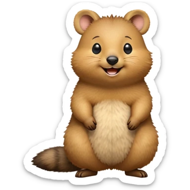 cinematic-realistic quokka-emoji,-small-round-frame-balanced-on-tiny-strong-hind-legs, head tilted in an endearing manner, comical smil, giant-fluffy-cheeks-large-smile-fluffy-brown-fur-radiating-a-warm-softness,-big-round-eyes-filled-with-joy, realisticround  fluffy zoomed in, large black eyes sticker