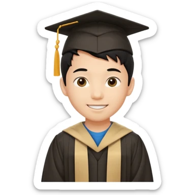 A young asian boy with black hair wide smile round eyes round nose medium thick lips in graduation gown with beige colour pants sticker