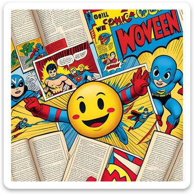 Create a vibrant emoji representing comic books and graphic novels as an art form. The design should feature a large, open comic book with vintage comic panels on the pages. Include a pencil (without a hand) gently writing text or sketching on the pages. The comic panels should have bold lines and retro-style artwork with classic comic book visuals. Use bright, energetic colors like red, yellow, and blue to evoke excitement and creativity. The overall design should feel dynamic, vintage, and artistic. Make the background transparent. sticker