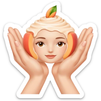 Minimal emoji of 2 hands gently applying skincare cream, soft nude and peach tones, clean beauty aesthetic, calm and elegant, subtle glow sticker
