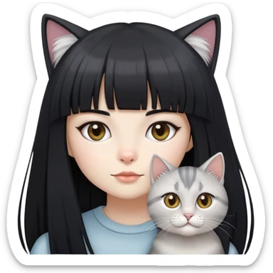 girl with long black  straight bangs hair and two light grey-shared cats sticker
