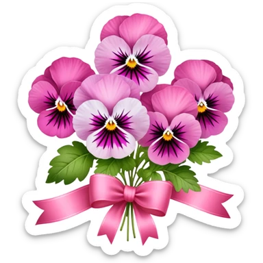 Delicate Orchid Pink pansies rest in a gentle arrangement, wrapped in a luxurious Wild Strawberry ribbon. The combination of soft florals and deep crimson elegance evokes timeless beauty." sticker