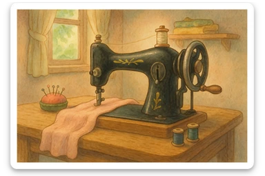 sewing machine, ghibli style, soft realistic details, gentle colors sticker
