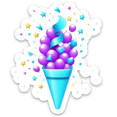 glowing confetti popper emoji, purple and cyan colors, emitting confetti and sparkles, vibrant celebration atmosphere sticker