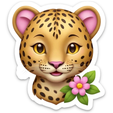 A cutE leopard face with eyes closed and a peaceful smile. A pink flower with a yellow center is tucked behind its right ear, adding a charming and gentle touch.  sticker