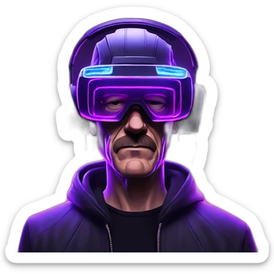 Walter White wearing a black hoodie with "OMG" letters on it and VR headset in a cyberpunk VR environment with violet neon lighting. sticker