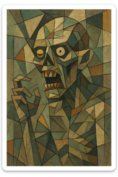 zombie with fragmented, geometric freeform elements, bold and artistic sticker