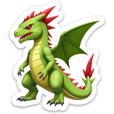 Cool edgy Guilmon-Flygon-Tyranitar-Digimon-hybrid-fusion, yellow belly, full body sticker