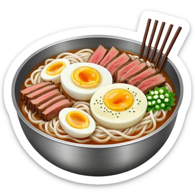 Korean cold noodles (naengmyeon) in a metal bowl, with thin noodles, cold broth, sliced beef, and a half boiled egg on top, iPhone emoji style sticker