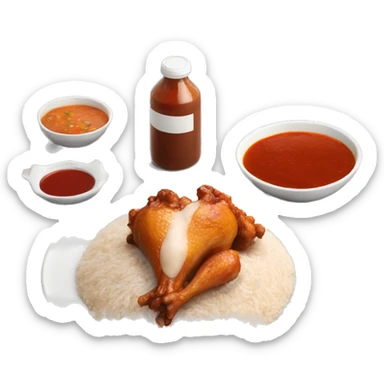 rice with a chicken leg next to it and a bowl of sauce next to it all on a plate  sticker