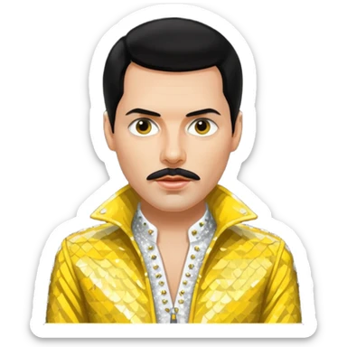 Freddie Mercury with black hair, white sequin shirt, yellow sequin jacket sticker