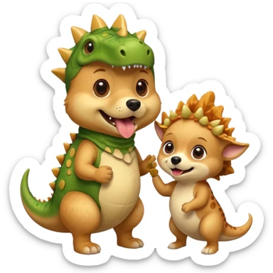 a golden retriever with a dinosaur costume thats eating a chihuahua thats in a dinosuar costume sticker