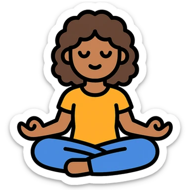 brunette girl with curly hair meditating, sitting cross-legged, colored icon sticker