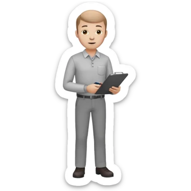 man mid 30's shirt and trousers balding hairline standing holding a clipboard sticker