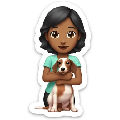 a girl with black hair, white skin tone, watermelon lips and black-eyed with a teckel in her arms sticker