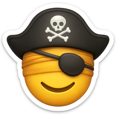 Add an eye patch over the blindfold for the pirate. Keep the pirate hat and smiling expression. Render in emoji style with transparent background. sticker