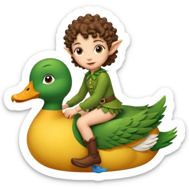 tiny forest elf short tight curly brown hair riding duck sticker