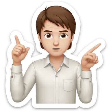 Weak man with disheveled hair pointing to his right sticker