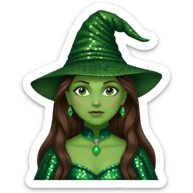 Elphaba from The Wizard of Oz with long brown hair, dark green sequin outfit, green skin sticker