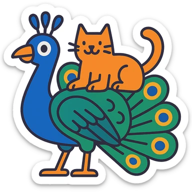 silly peacock with a cat in vibrant toon style sticker