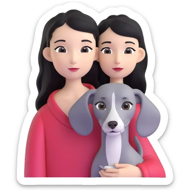 Slim Chinese girl with long black hair holding solid grey Italian greyhound with no white markings on nose sticker