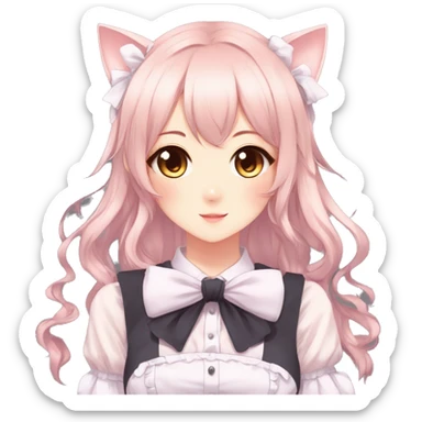 Gorgeous anime style catgirl with blushing face with maid outfit bow tie idol model kawaiicore pearly petite simplistic aesthetic trending style sticker